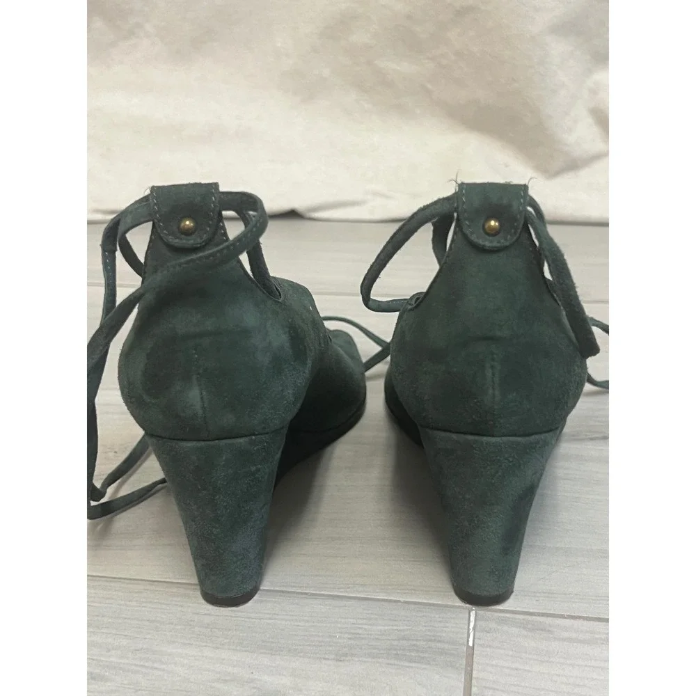 J.Crew Wedge Sandals Womens Sz 8 Dark Green Suede Lace Up Peep Toe Boho Chic
